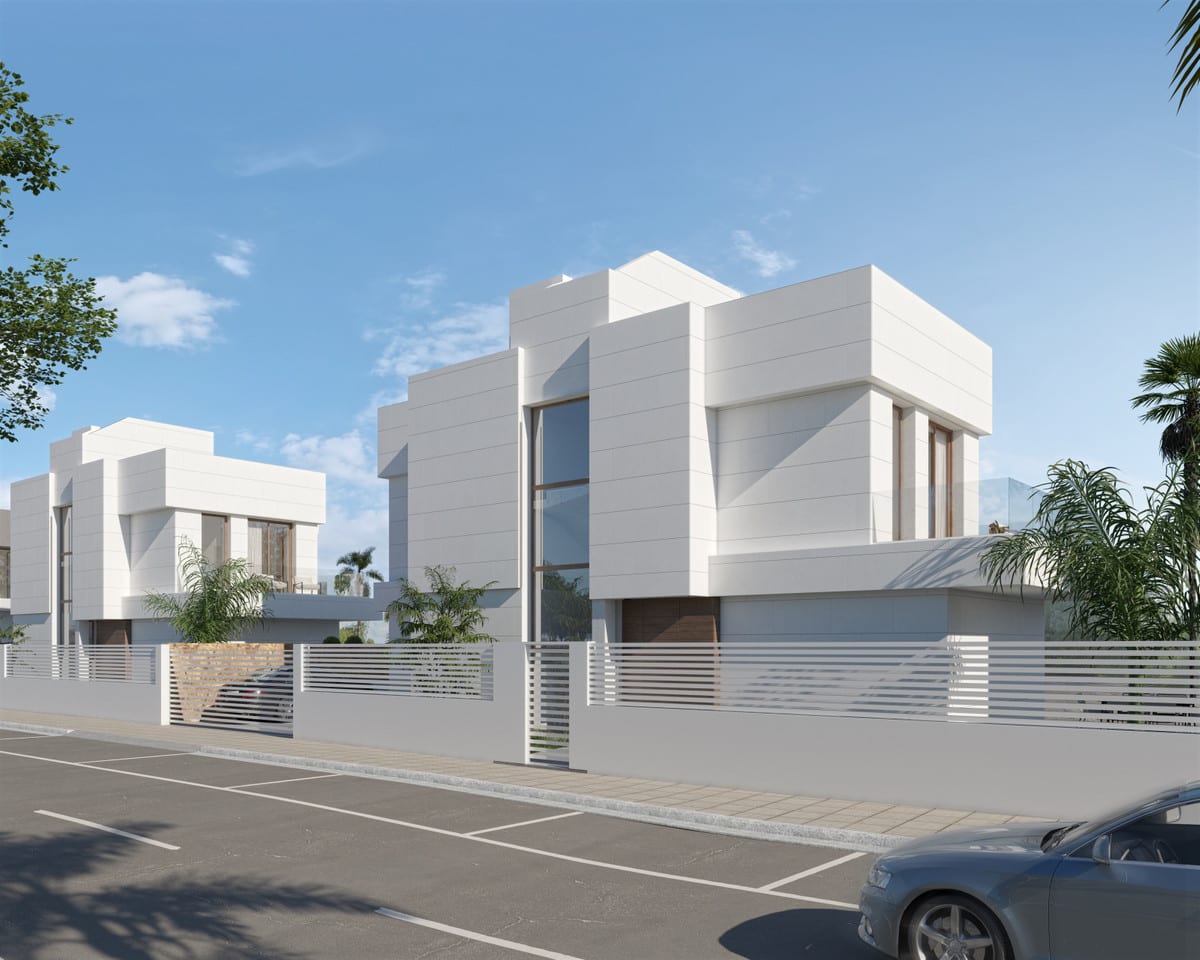 Project visualisation of SWING AND SEA VILLAS from the street side, with white façades, horizontal metal railings on low walls and a dark entrance area with wooden accents.