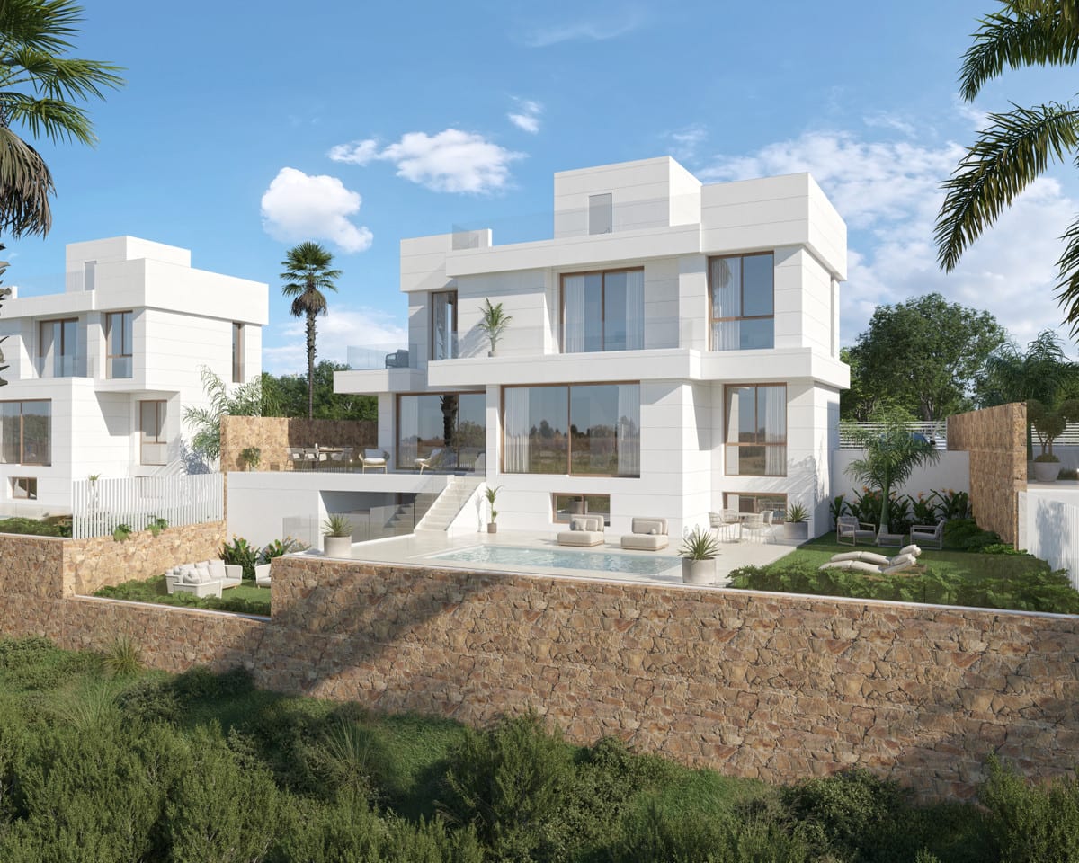 Project visualisation of SWING AND SEA VILLAS with a white three-storey home, a rectangular swimming pool on the terrace, outdoor seating areas and a high natural-stone retaining wall in the foreground.