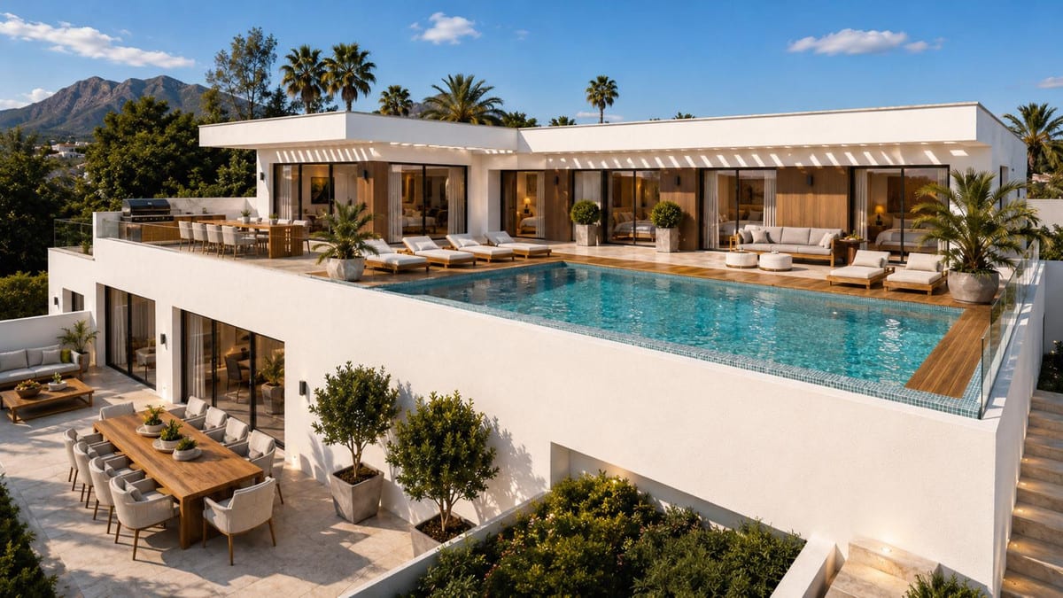 Exterior visualisation of the villa with a pool and lounge on the upper terrace and an outdoor dining area on the lower level.