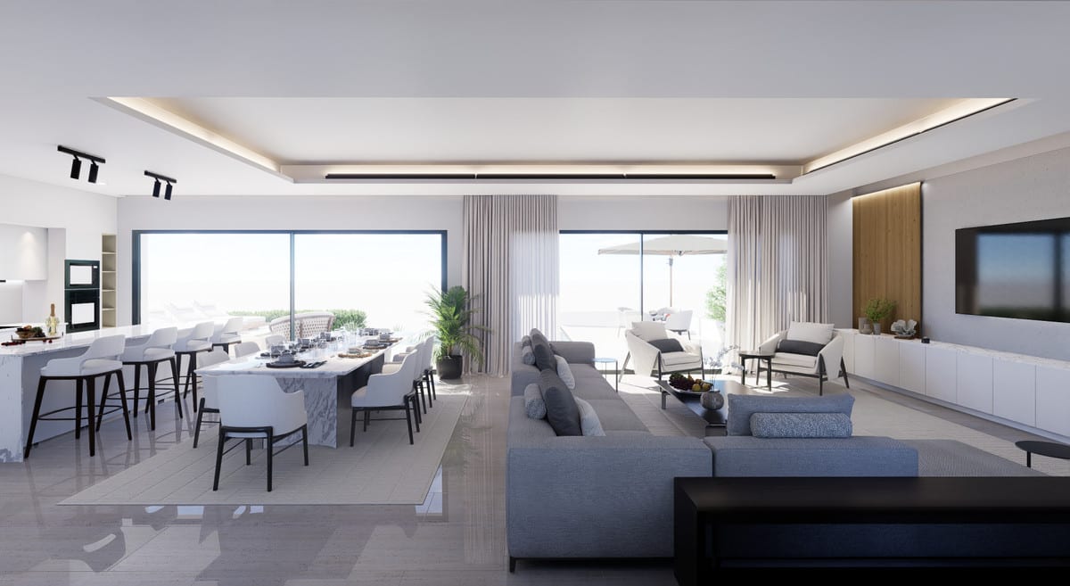 Visualisation of an open living area with a kitchen, dining table, seating area and large windows.