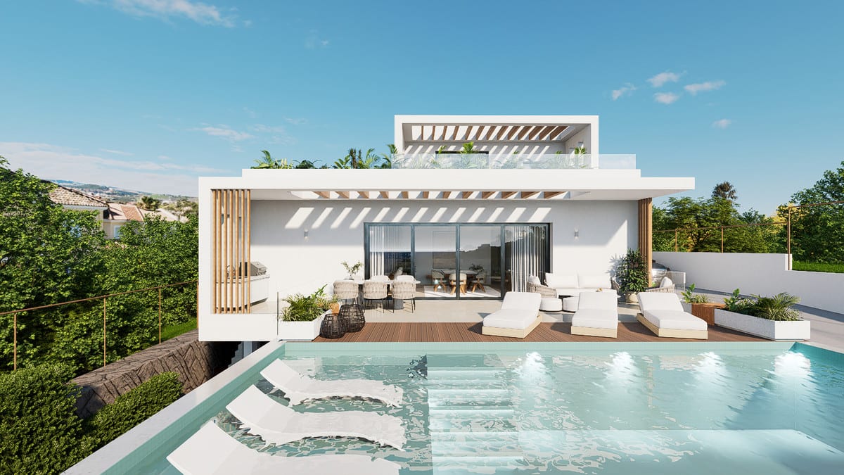 Exterior visualisation of the villa with a swimming pool, terrace and pergolas.