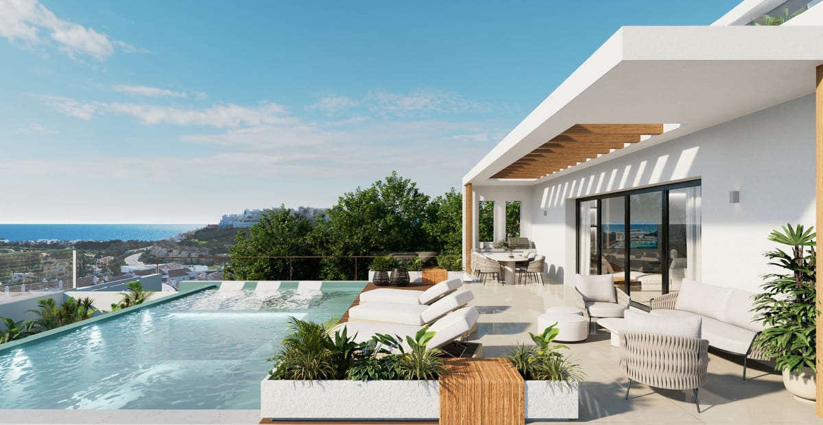 Visualisation of the pool terrace with sun loungers, outdoor seating and a view towards the sea.