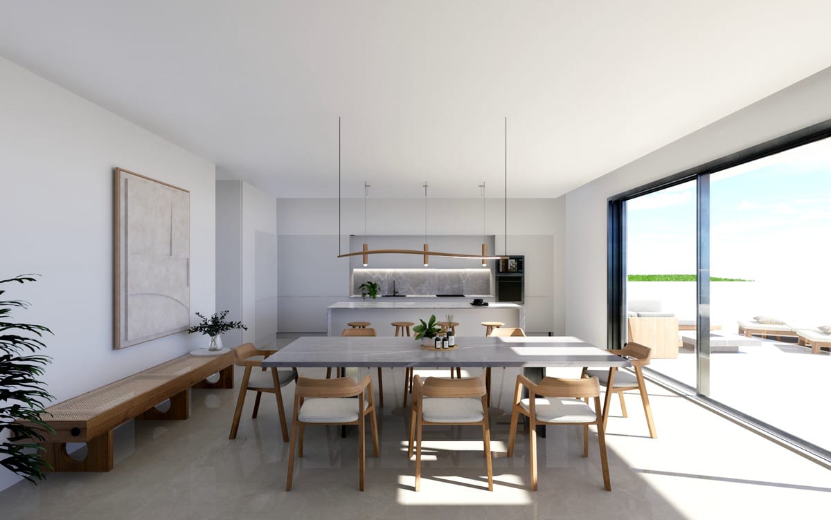 Visualisation of a dining area with an adjoining kitchen and glazed doors to the terrace.