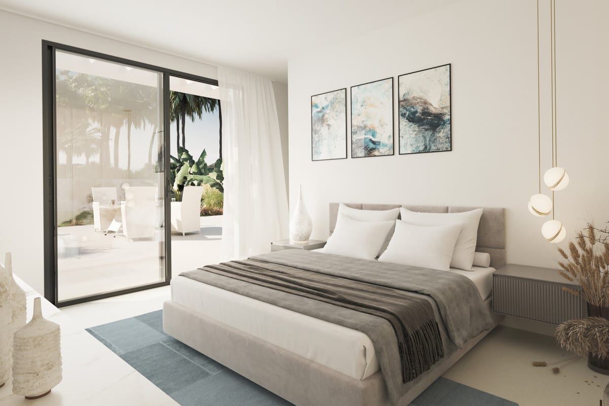 Rendered bedroom in neutral tones with wide sliding glass doors.