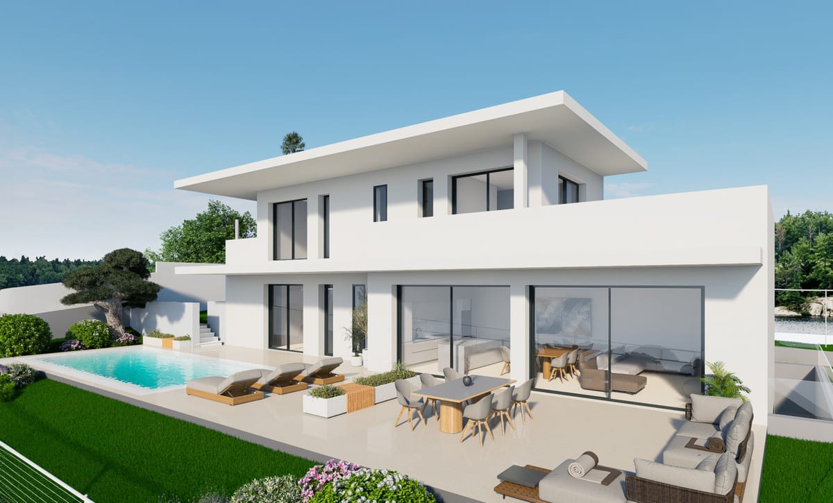 Rendered side view of the white villa with a pool and terrace seating areas.