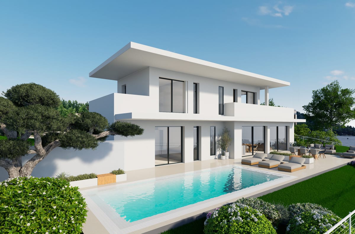Rendered view of the pool along the villa and the terrace with sun loungers.