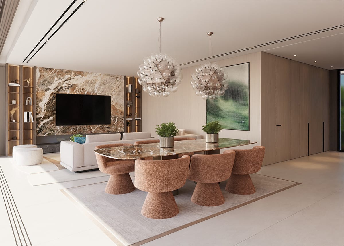 Rendered dining area with a rectangular marble-effect table, terracotta bouclé chairs and a marble-effect wall with an integrated television.