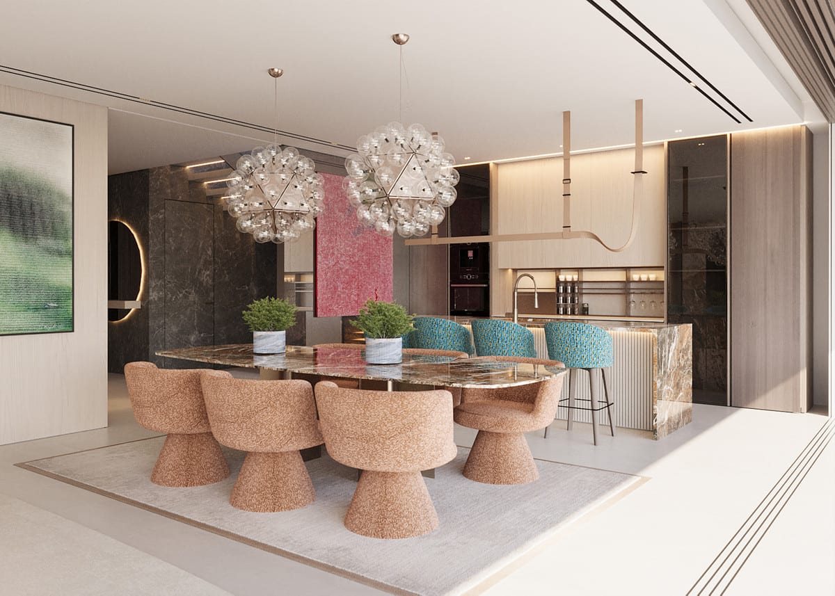Rendered dining room and kitchen with a marble-effect table, terracotta bouclé chairs, turquoise bar stools and clustered pendant lights.