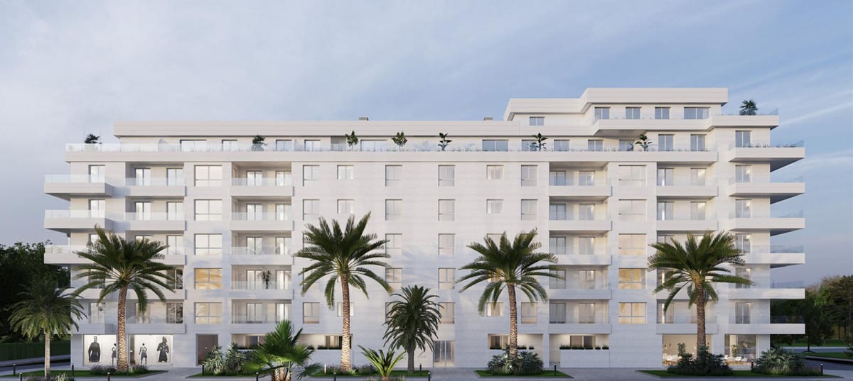 Rendered façade visualisation of TERRAZAS DE GUADAIZA II with white balconies, white balustrades and palm trees in the foreground.