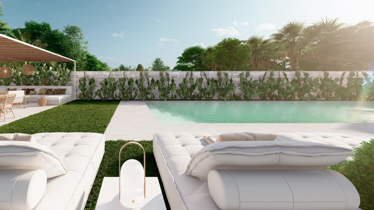 Rendered exterior visualisation of TERRAZAS DE GUADAIZA II with a swimming pool, two white sun loungers in the foreground, lawn and a covered lounge seating area on the left.