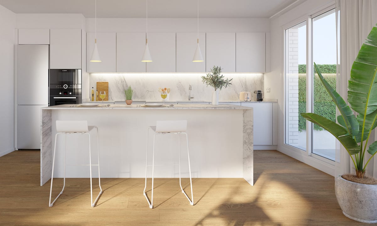 Rendered kitchen visualisation of TERRAZAS DE GUADAIZA II with a white kitchen island, marble-effect worktop and two white bar stools.