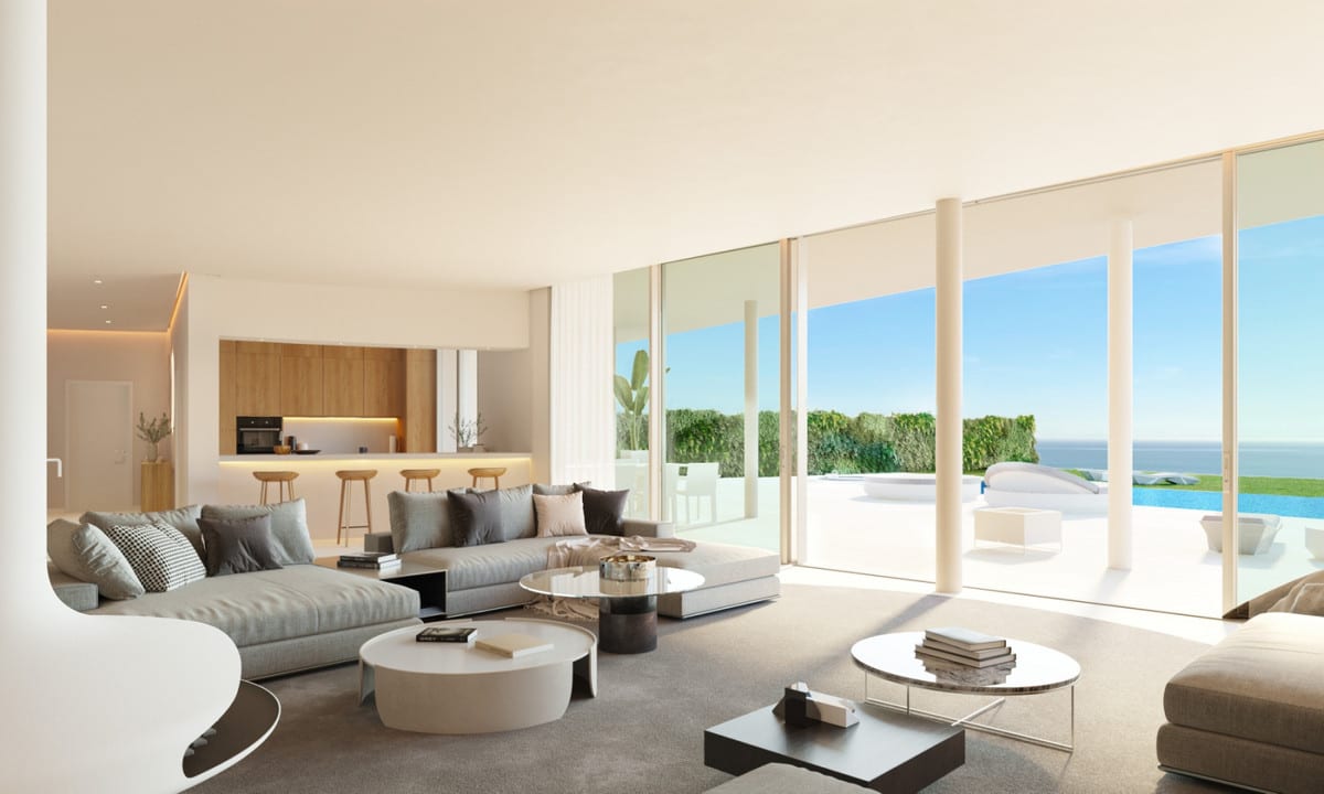 Visualisation of a living area and kitchen opening onto the pool terrace.