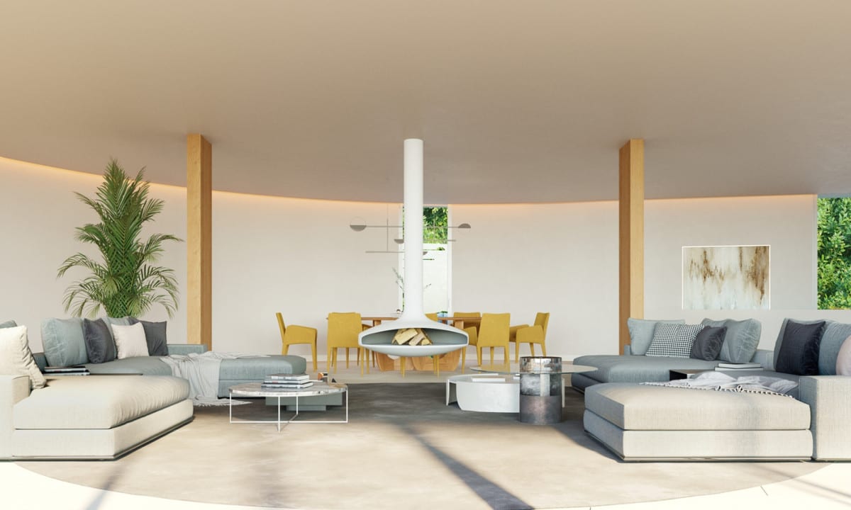 Visualisation of two seating areas around a suspended fireplace, with a dining area behind them.