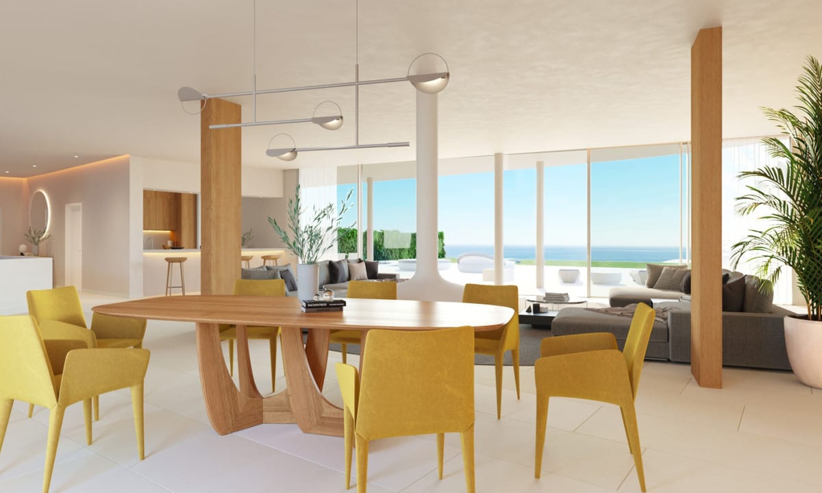 Dining room visualisation with a wooden table, yellow chairs and views through the living area.