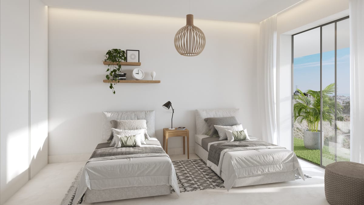 Project visualisation — THE KOS: Bedroom with two single beds, a wooden pendant light and large glazed doors.