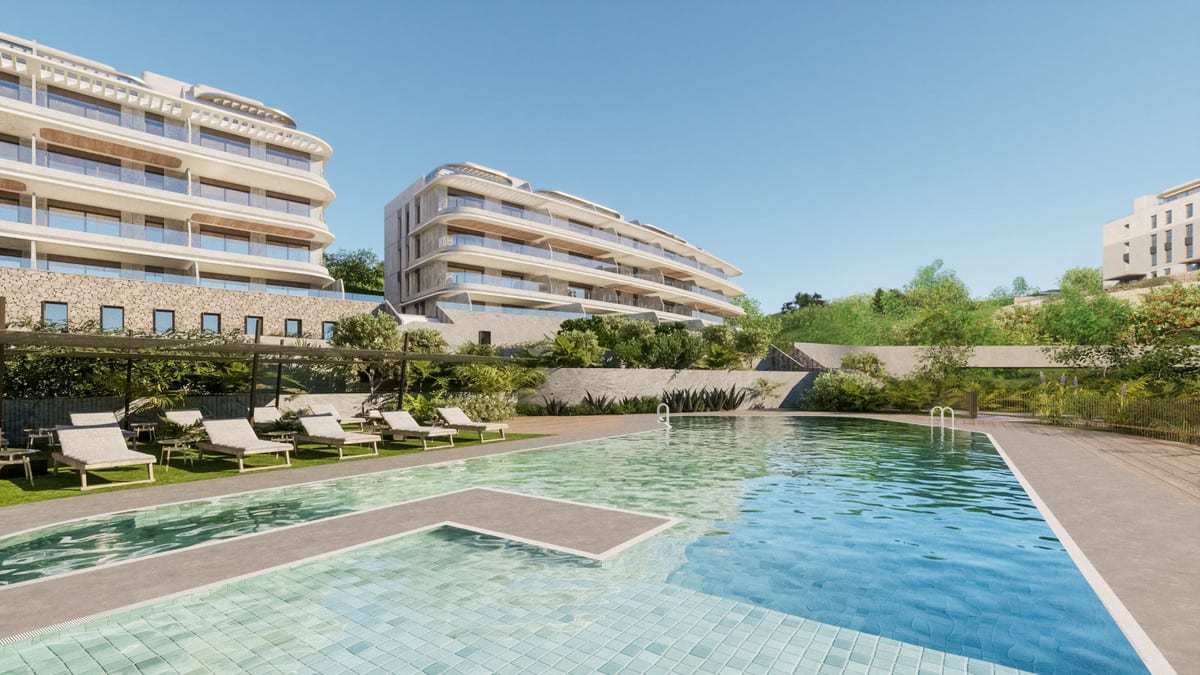 Rendered visualisation of the pool at THE KOVE with a geometrically tiled pool, sun loungers on grass beneath a pergola and surrounding buildings with planting.