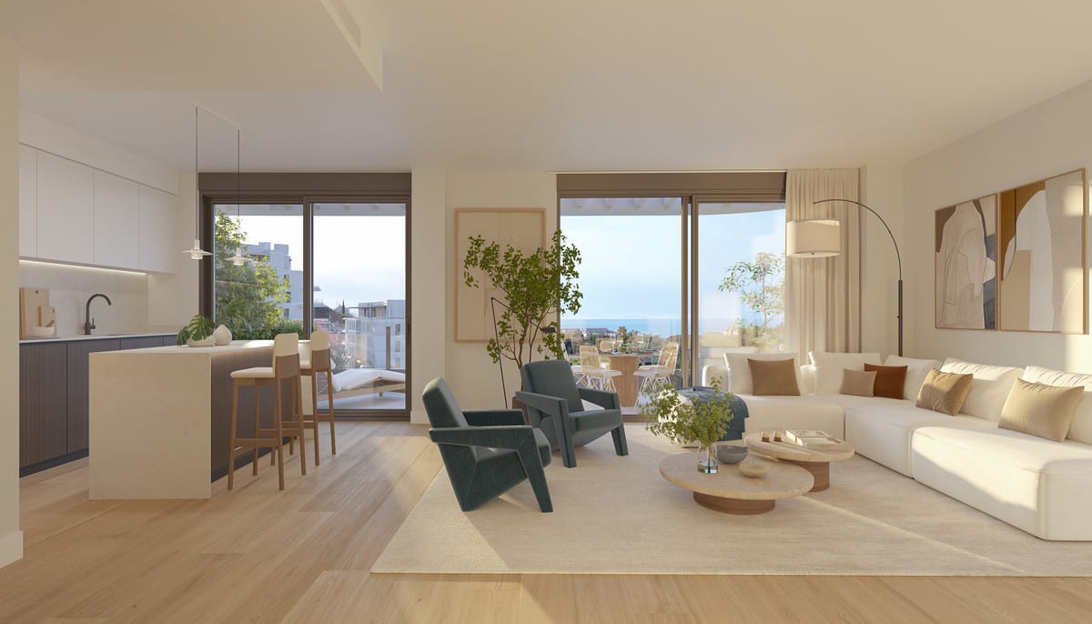 Rendered interior visualisation of THE KOVE with an open-plan kitchen, breakfast bar with stools, seating area and two large sliding doors leading to a terrace.
