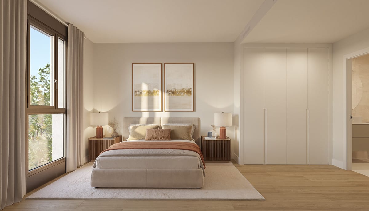 Rendered bedroom at THE KOVE with a double bed, two bedside tables with lamps, built-in wardrobe, light wooden flooring and a window with curtains.