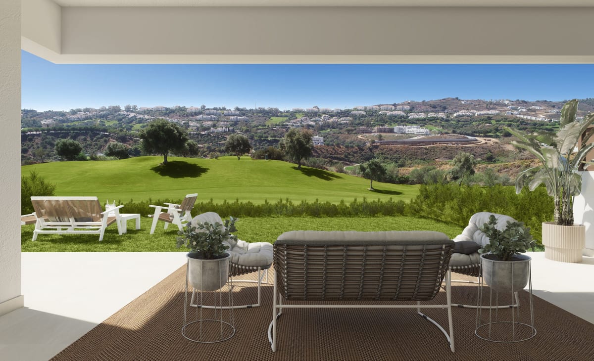 Rendered project visualisation of THE MEADOWS with a covered terrace, woven sofa, white garden chairs, plant pots and views over a green rolling landscape with buildings on the hills.