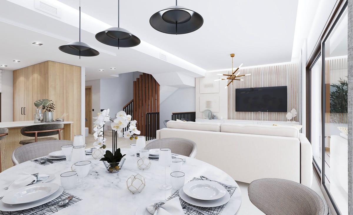 Rendered interior visualisation of THE MEADOWS with an oval marble dining table, white sofa, wooden wall panelling with television, black pendant lights, gold Sputnik light and a staircase with dark wooden spindles.
