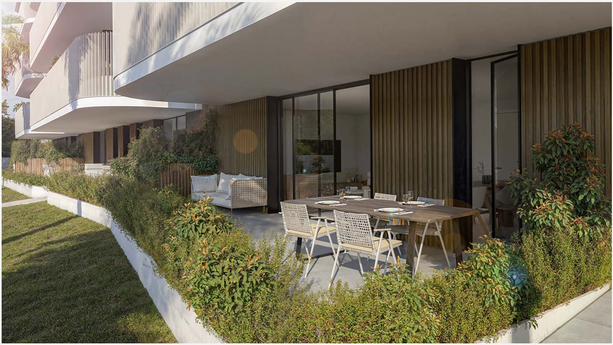 Project visualisation of THE OAK 48 with a partially covered terrace, a wooden dining table with white woven chairs, a lounge sofa, sliding glass doors and surrounding low planting.