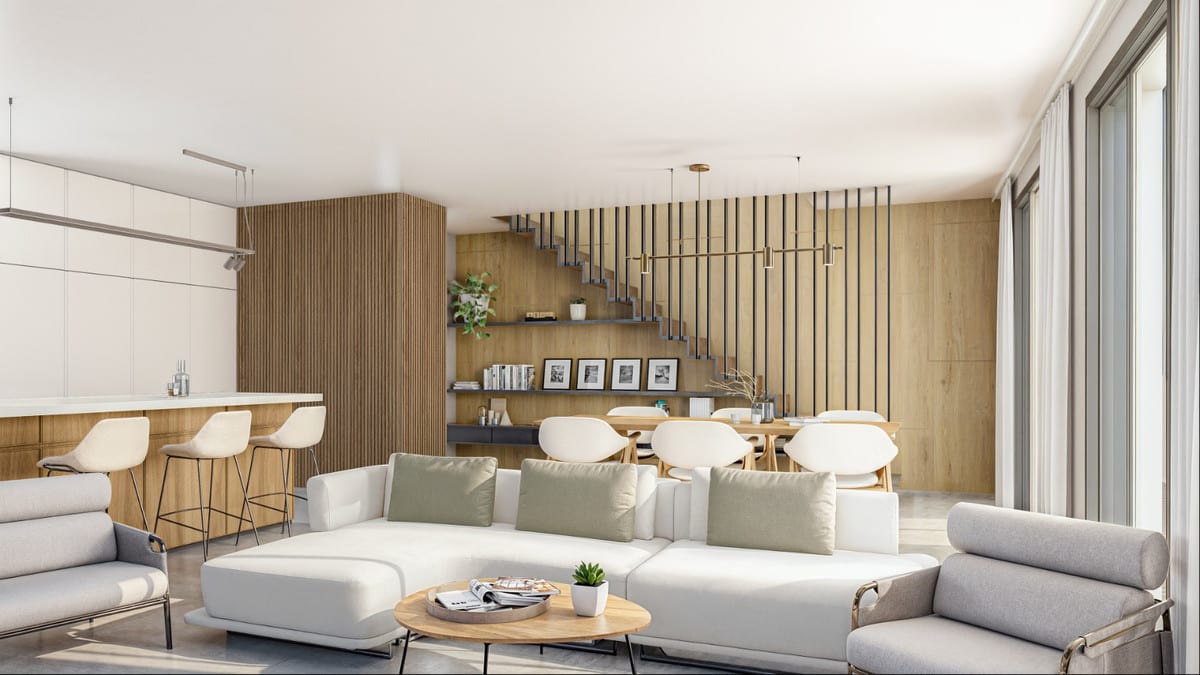 Project visualisation of THE OAK 48 with a bright living space, open kitchen bar with bar stools, dining table, open staircase with dark vertical spindles and wooden wall cladding.