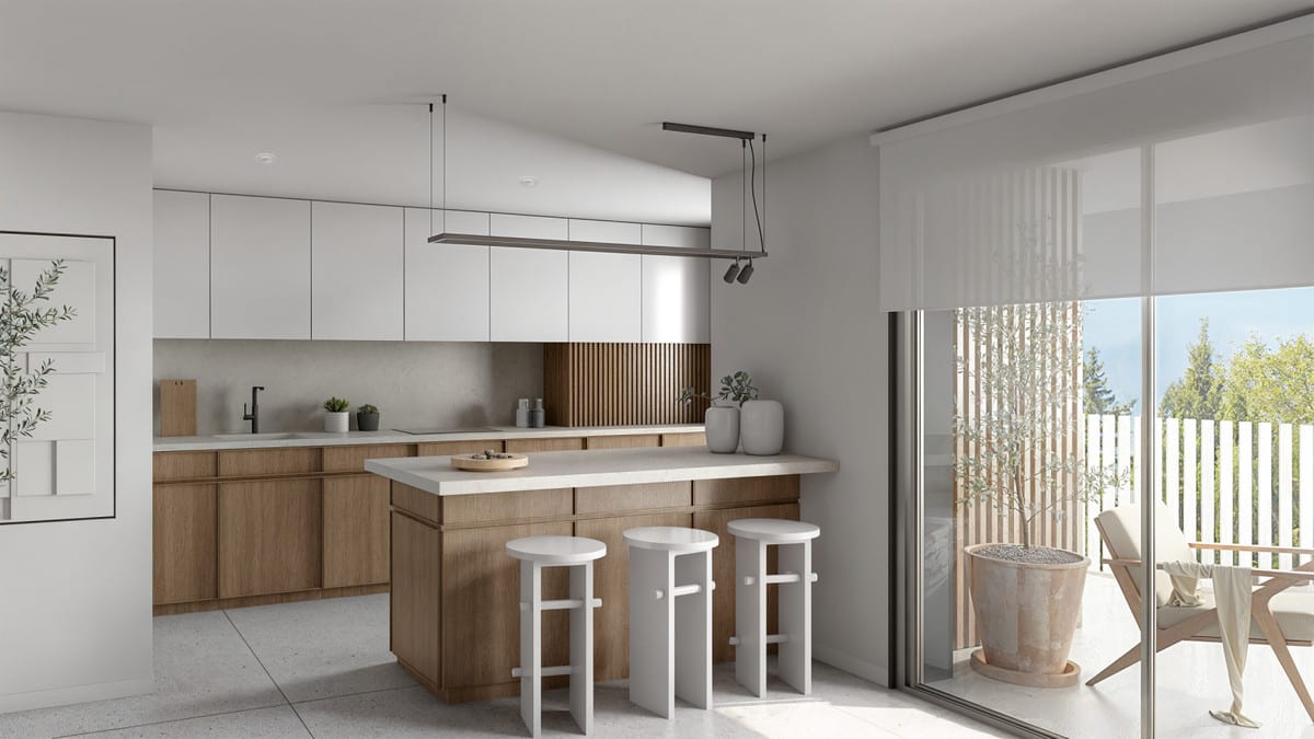Project visualisation of THE OAK 48 with a kitchen featuring wooden base cabinets, white wall cabinets, a light worktop, a kitchen island with three white stools and a sliding door leading to a terrace.