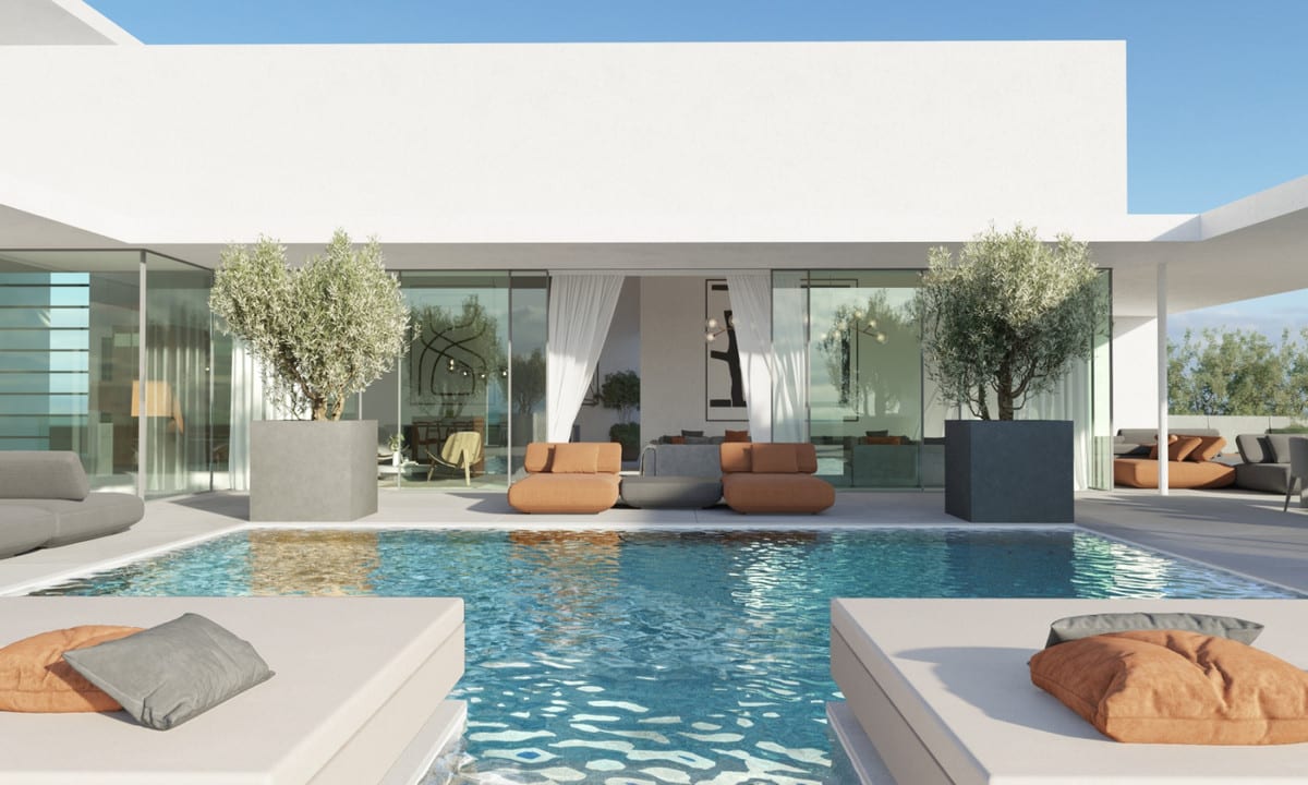 Visualisation of the pool and terrace with orange seating in front of the glazed facade.