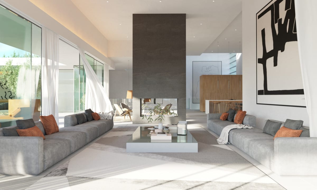 Visualisation of the living room with sofas arranged around a central fireplace.