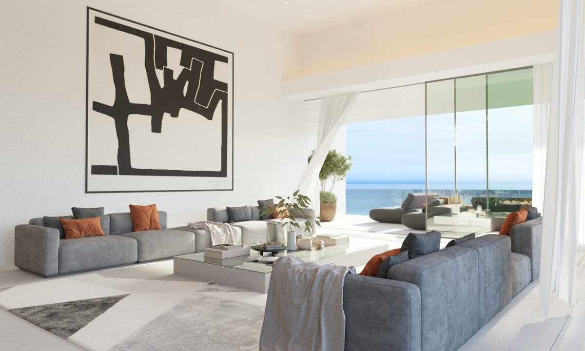 Visualisation of the seating area with large glass doors to a sea-view terrace.