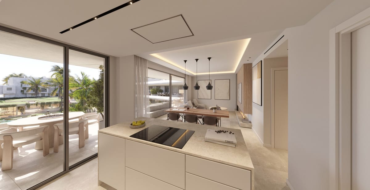 Project visualisation of THE PALMS AT ESTEPONA featuring a kitchen island with hob, light stone worktop, black pendant lights, dining table with chairs, seating area and sliding doors to a terrace.