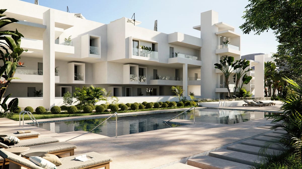 Rendered view of THE PLACE ALCAZABA with an outdoor swimming pool, sun loungers, tropical planting and white façades with balconies.