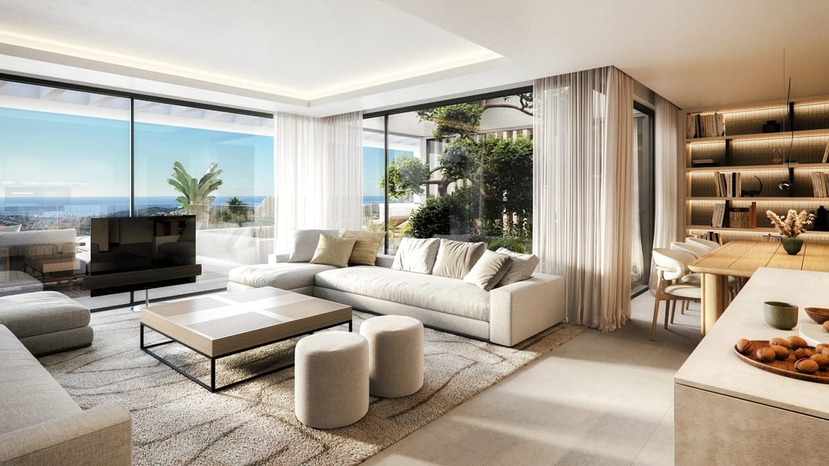 Rendered interior view of THE PLACE ALCAZABA with a living area, dining table, illuminated bookcase and glazed sliding doors.