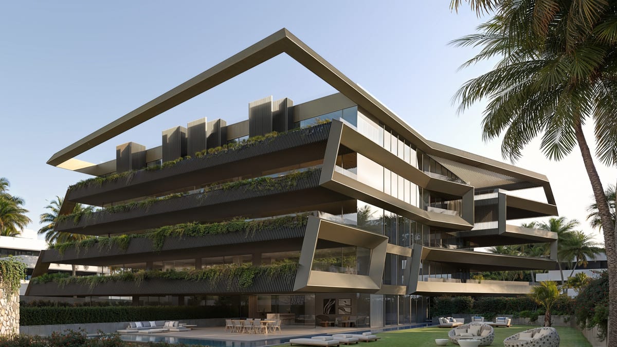 Project visualisation of THE PRIVILEGE featuring a modern building with cantilevered horizontal façade elements, dark louvres, planted balconies and a lounge and pool area in the foreground.