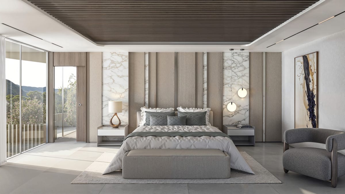 Project visualisation of THE PRIVILEGE featuring a bedroom with an upholstered bed, vertical wall panels interspersed with white-veined stone accents, a grey armchair and a glass sliding door.