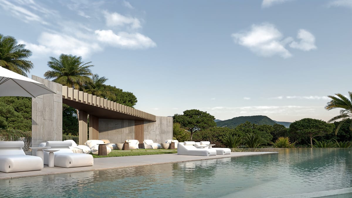 Project visualisation of THE PRIVILEGE featuring a swimming pool, white lounge furniture, a concrete pergola with vertical wooden slats, palm trees and green hills in the background.