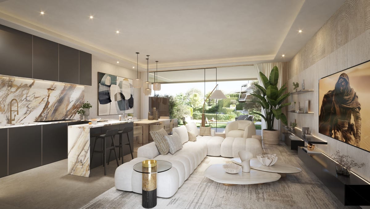 Rendered open living space with a dark kitchen, marble-effect island, dining area and sofa.