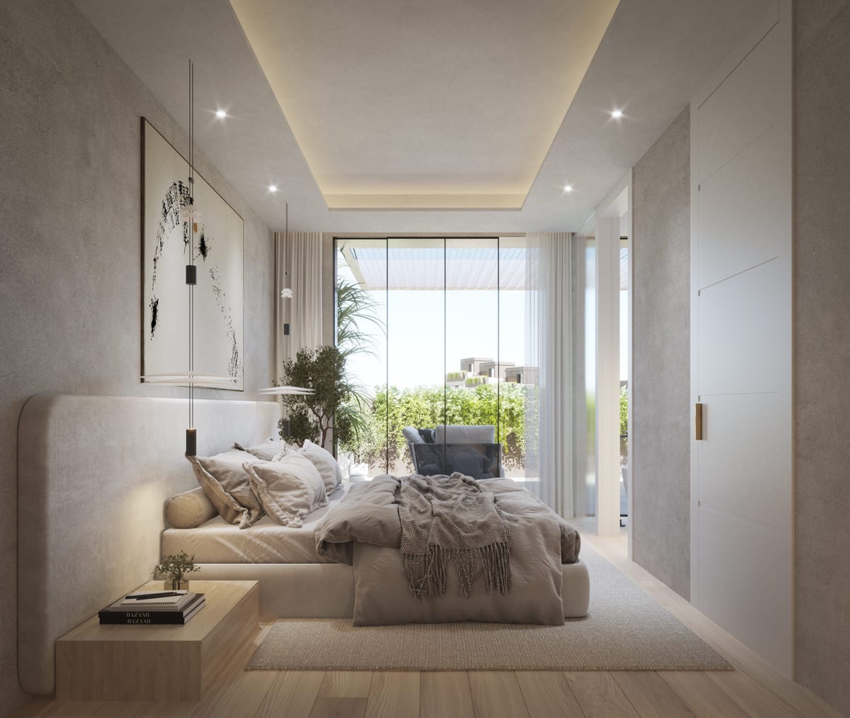 Rendered bedroom in grey and beige tones with pendant bedside lights and glass doors towards greenery.