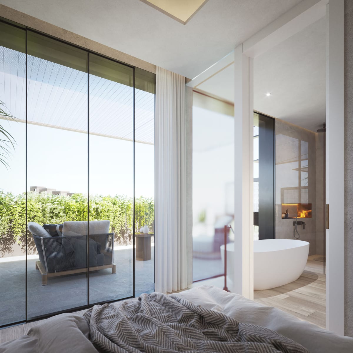 Rendered bedroom view towards a planted terrace with an armchair and an adjoining bathroom with a freestanding bath.