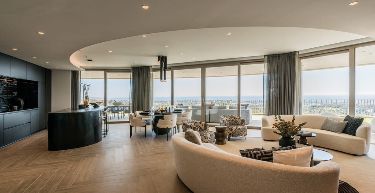 Interior visualisation of THE VIEW MARBELLA PHASE 1 with the main living area and contemporary finishes.