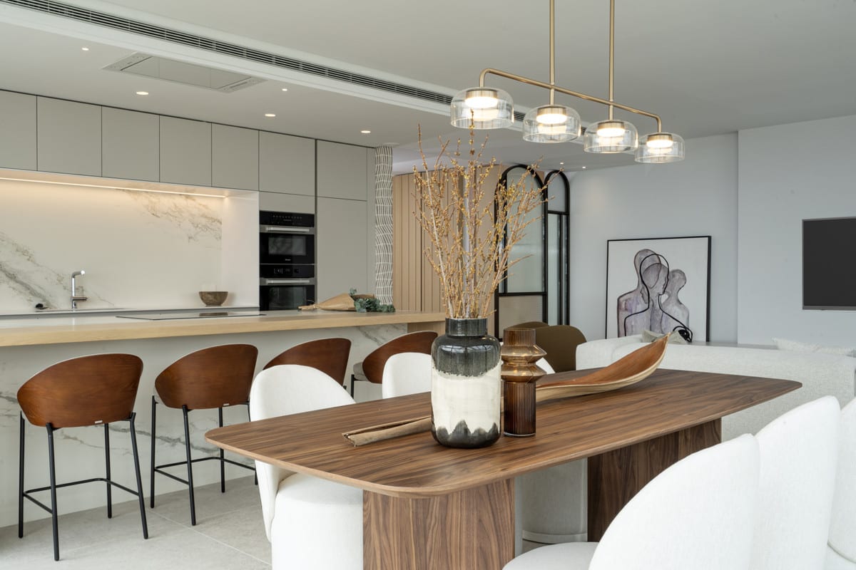 Kitchen visualisation of THE VIEW MARBELLA PHASE 1 with fitted cabinetry, worktop area and natural light.