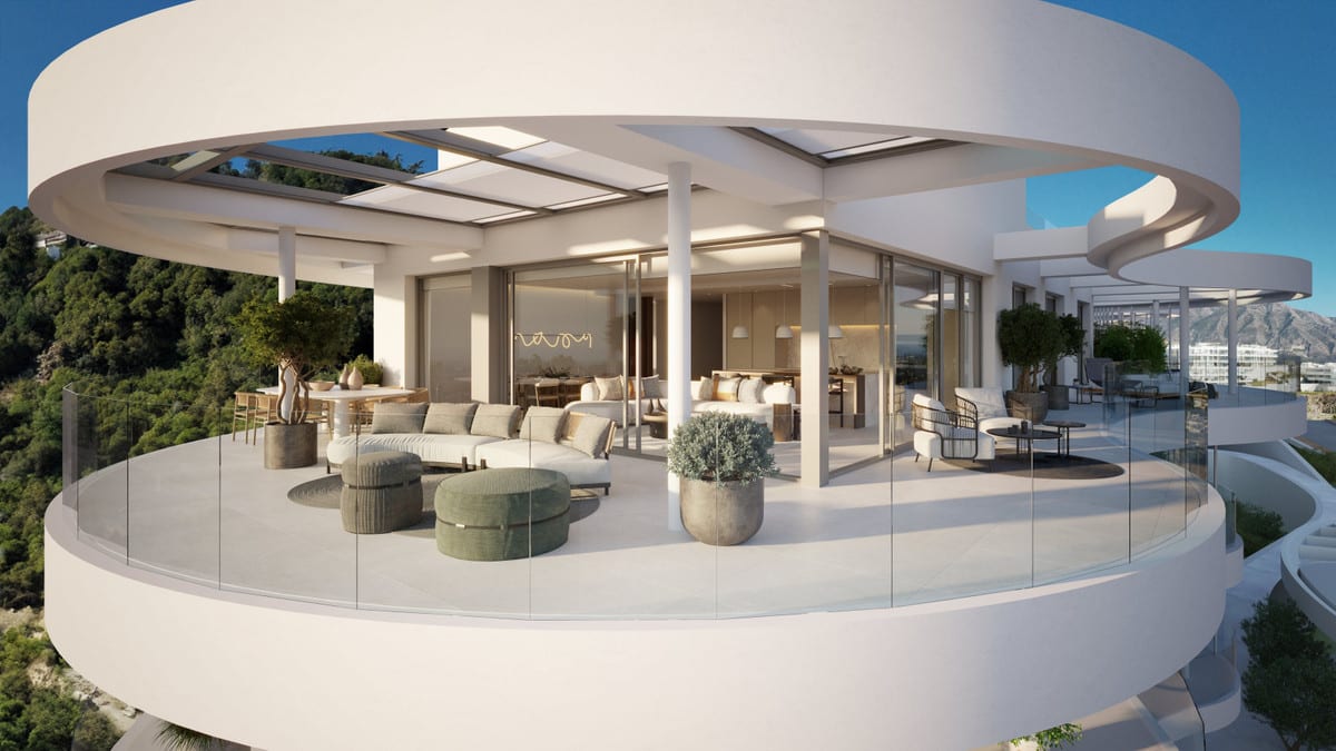 Project visualisation of THE VIEW MARBELLA PHASE 2 & 3 featuring a round terrace, glass balustrade, outdoor seating area and a circular architectural canopy with a roof opening.