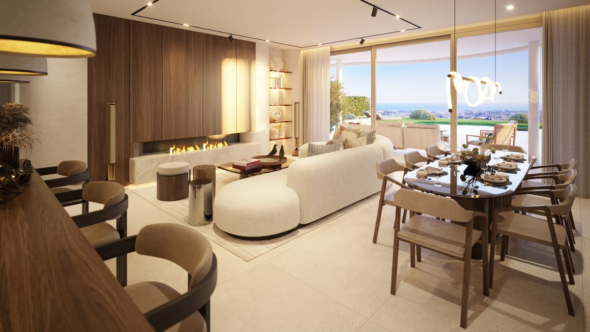 Project visualisation of THE VIEW MARBELLA PHASE 2 & 3 featuring a living room, dining room, wood-effect panelled wall, linear fireplace and large sliding doors leading to the terrace.