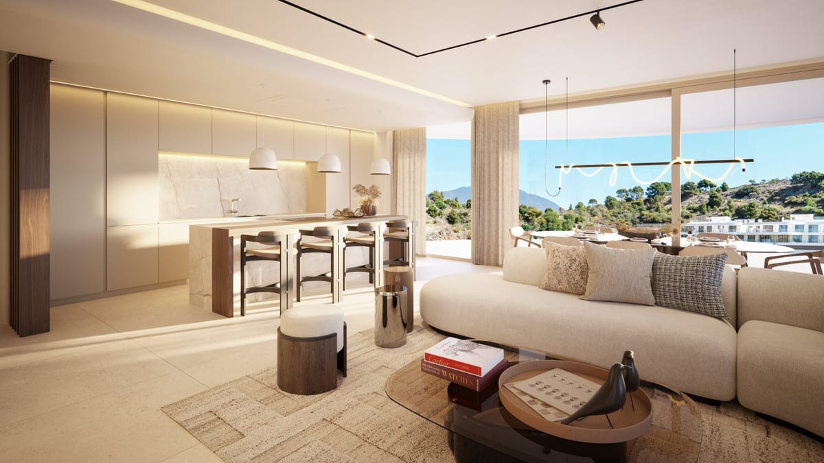 Project visualisation of THE VIEW MARBELLA PHASE 2 & 3 featuring an open-plan kitchen, kitchen island with bar stools, rounded sofa, dining area and large glass sliding doors leading to the terrace.