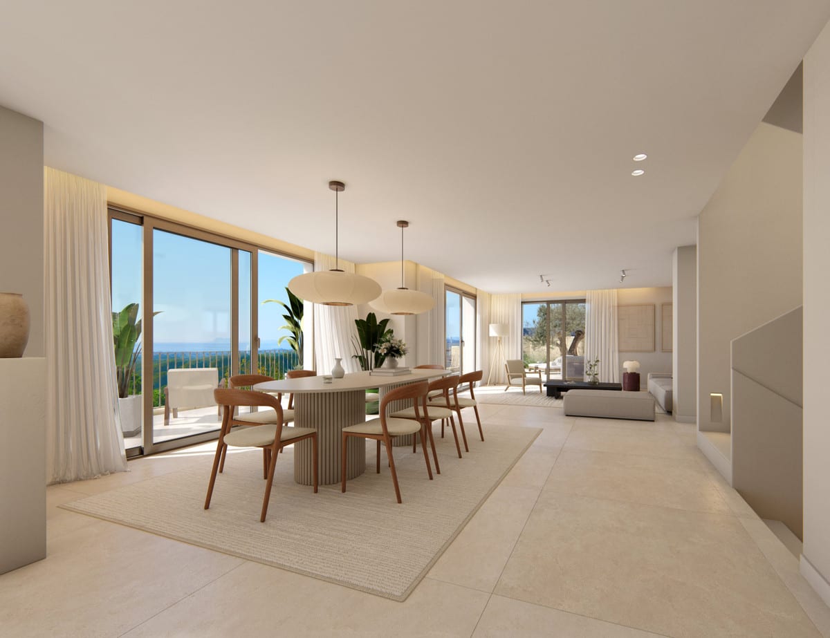 Visualisation of a bright living and dining area with broad glass doors towards the terrace.