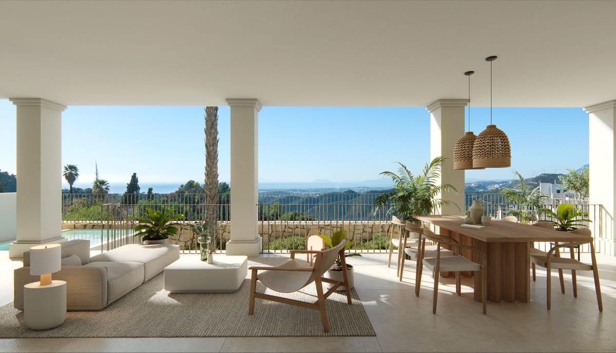 Visualisation of a covered terrace with seating, a dining table and views across the landscape towards the water.