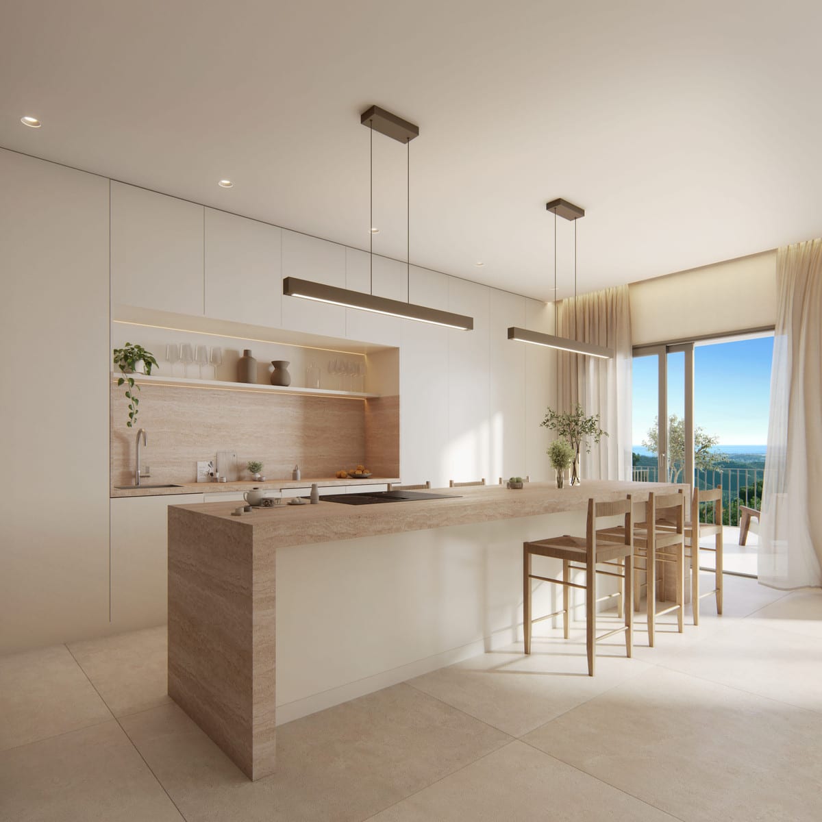 Kitchen visualisation with a stone-effect island, bar stools and large glass doors.