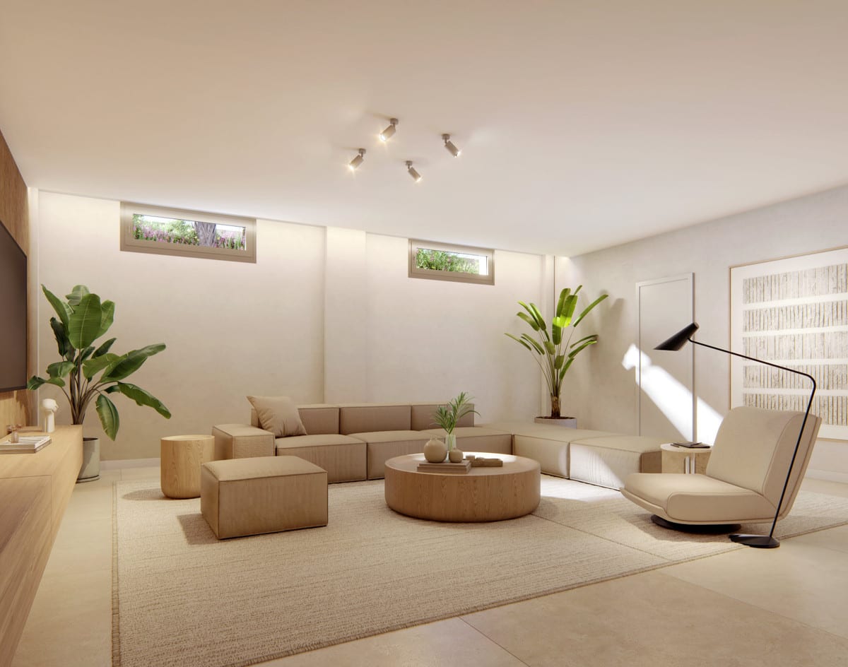Visualisation of a seating area in neutral tones with a round coffee table and tall indoor plants.