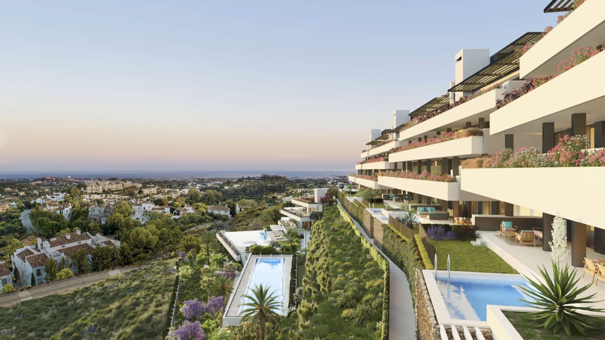 Project visualisation of TIARA with terraces filled with flowering planting and seating, swimming pools on hillside terraces, palm trees and jacarandas in the foreground, and a broad landscape with buildings and water on the horizon.