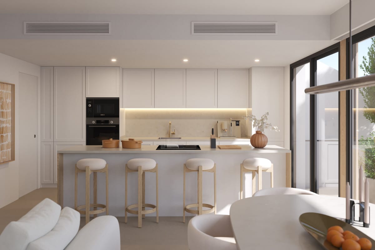Rendered kitchen view of TORRE BIZNAGA with a light-grey kitchen island, four wooden bar stools with white seats, integrated appliances and a large black-framed window.
